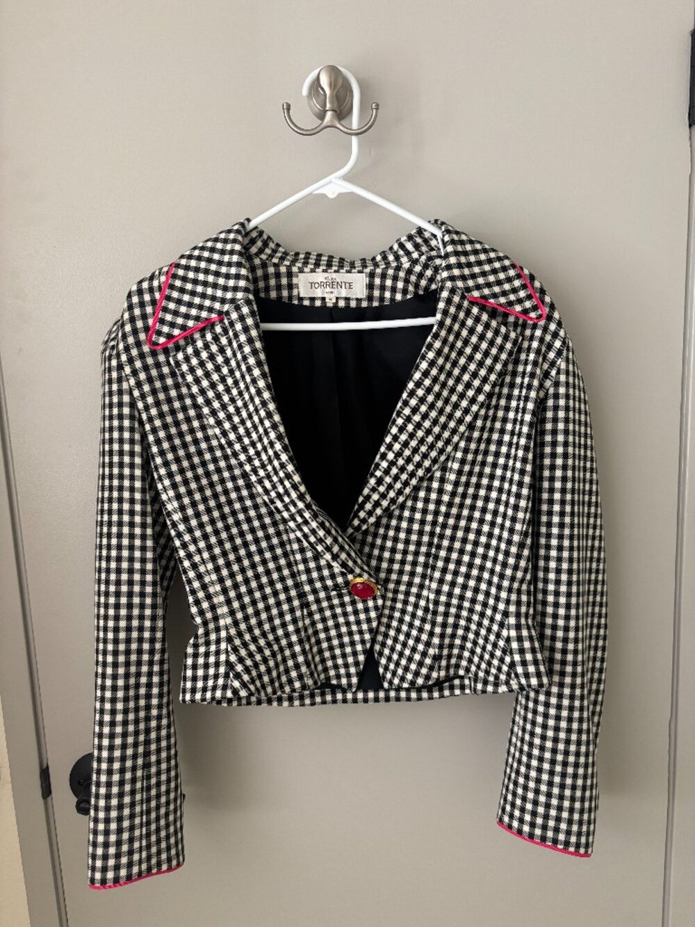 Miss Torrente Paris Gingham Cropped Blazer Jacket Pink Trim Sz 40
